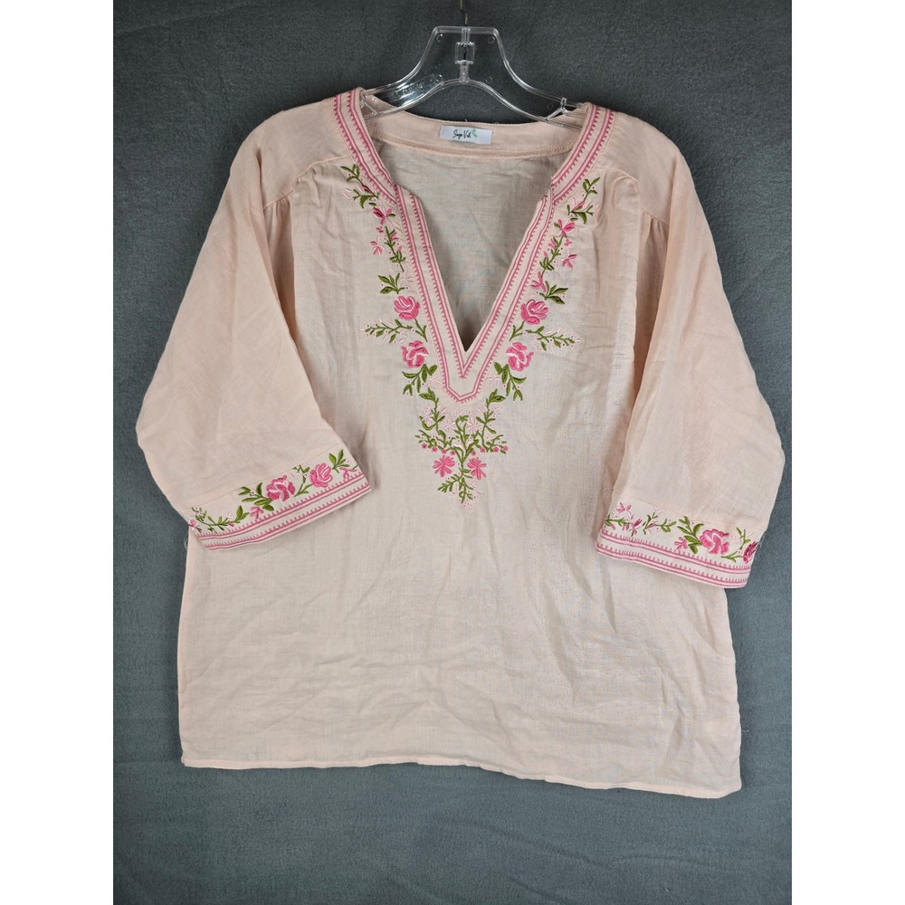Sage Veil Blouse Women L Peach Floral Embroidered Boho Peasant Top Cottagecore